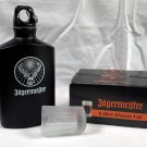 Jagermeister Metal Flask + 6 New Frosted Shot Glasses 1 oz