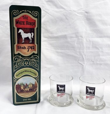 The White Horse Cellar Blended Scotch Whisky 10 oz Cocktail Glasses + Empty Tin