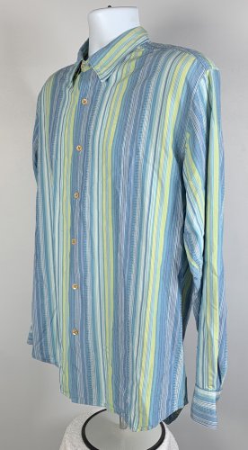 Tommy Bahama Button Front Shirt Blue Striped Mens Larrge Silk Blue Green