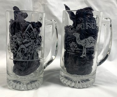 2 VTG Joe Camel Cigarette Etched Glass Beer Mugs 12 oz Motorcycle Logo 1993