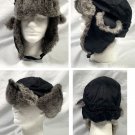 Rabbit Fur Lined Trapper Hat Black Nylon Chin Strap XL