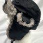 Rabbit Fur Lined Trapper Hat Black Nylon Chin Strap XL