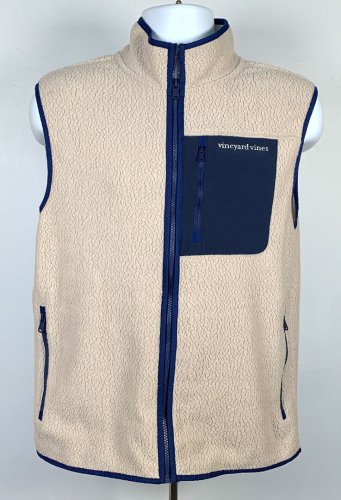 Vineyard Vines Fleece Polyester Vest Womens Small Tan Full Zip Zippered Pockets
