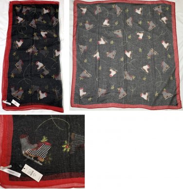 NWT Talbots Ice Skates Winter Holly Berries Scarf Wrap 36" x 36" Polyester