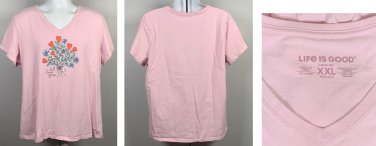 Life is Good Let Love Grow Flower Heart Bouquet Crusher V Neck T Shirt Women XXL