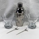 2 Grey Goose Vodka Embossed Cocktail Glasses Metal Cocktail Shaker Olive Picks