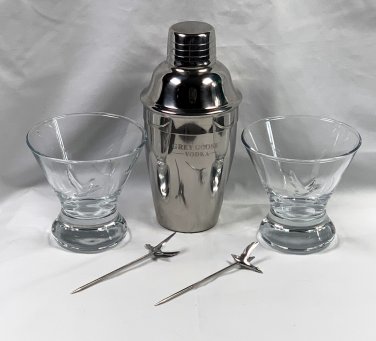 2 Grey Goose Vodka Embossed Cocktail Glasses Metal Cocktail Shaker Olive Picks