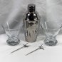 2 Grey Goose Vodka Embossed Cocktail Glasses Metal Cocktail Shaker Olive Picks