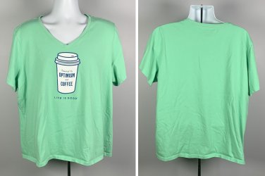 Life is Good Powered by Optimism & Coffee Crusher V Neck T Shirt Womens XXXL