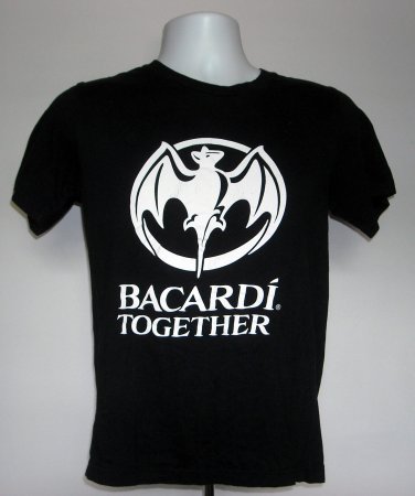 Bacardi Together Rum White Bat Logo T Shirt Mens Small Black 100% Cotton
