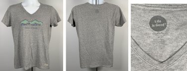 Life is Good Social Networking Kayak Floating V Neck T Shirt Womens Medium Gray