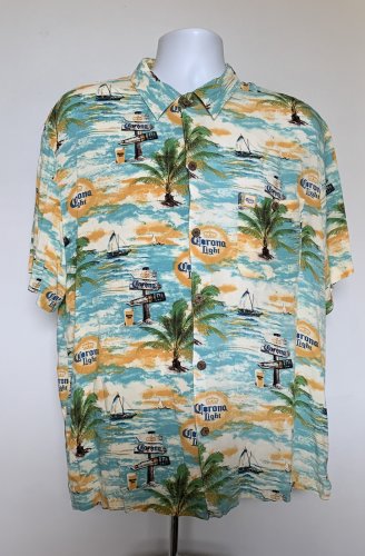 Corona Extra Cerveza Beer Button Front Shirt Mens XL Palm Trees Boats Rayon