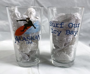2 Alaskan IPA Beer Surf Our Icy Bay Pint Glasses Surfer Logo Brewery
