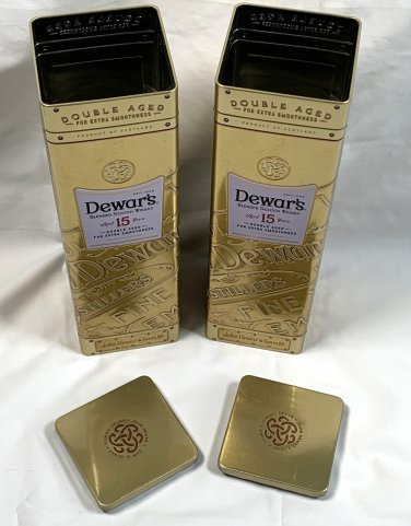 2 Dewar's Scotch Whisky Empty Bottle Tin Gold Celtic Knot 12.5" Raised Design
