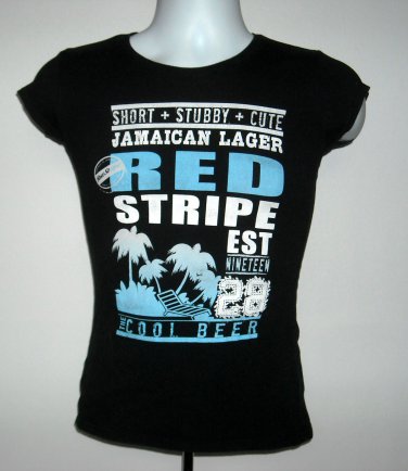 Short Stubby Cute Red Stripe Jamaican Cold Beer T Shirt Womens Juniors Large