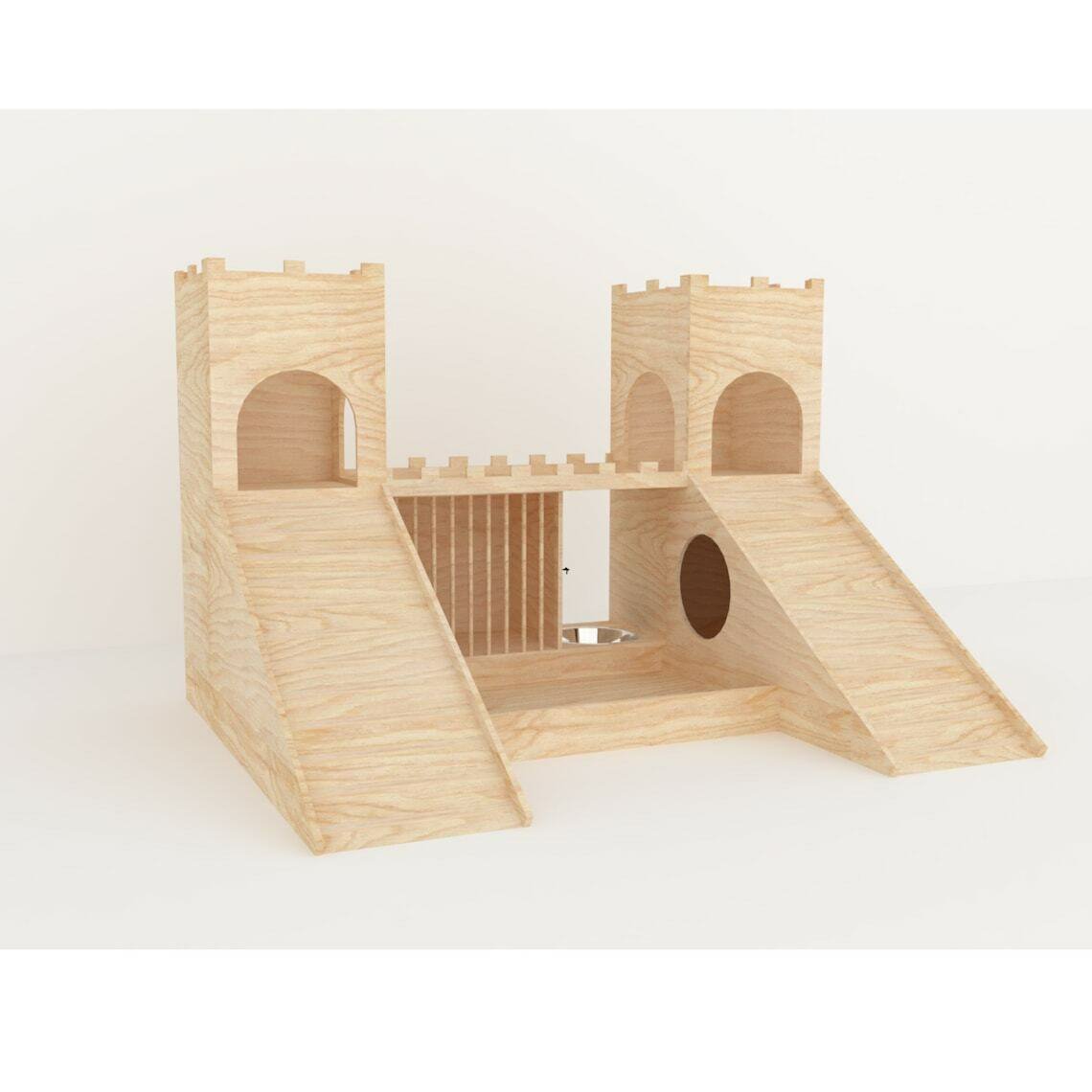 Rabbit Two Towers Turrets With Feeder & Drinking Station Wooden House Shelter