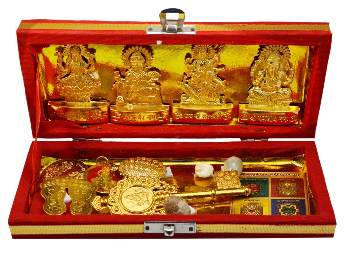Brass Shri Shri Dhan Laxmi Kuber Bhandari Yantra, Gold Color