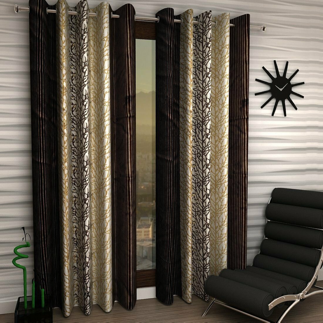 Abstract Polyester Brown Color Door Curtain Set With Eyelet, 7ft x  Set Of  2