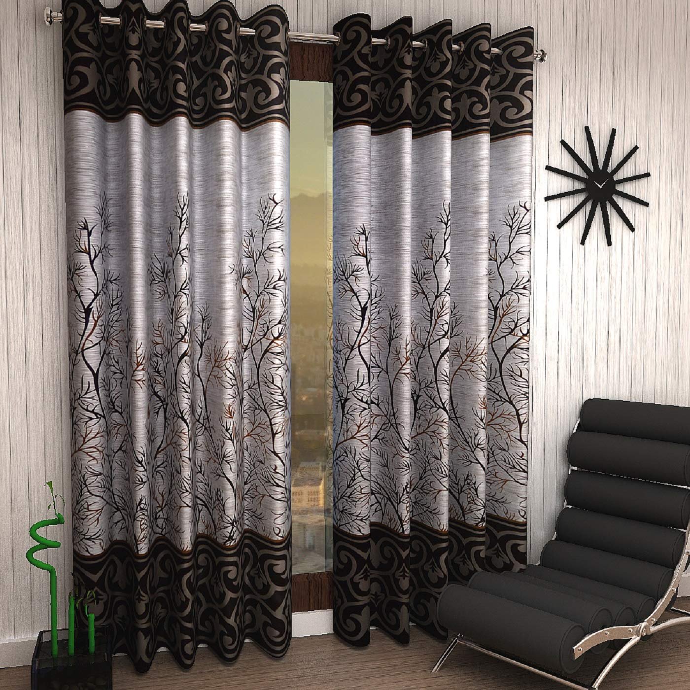 2 Piece Polyester Brown Eyelet Ringtop Door Window Curtains Set, 5 Ft & 7 Ft