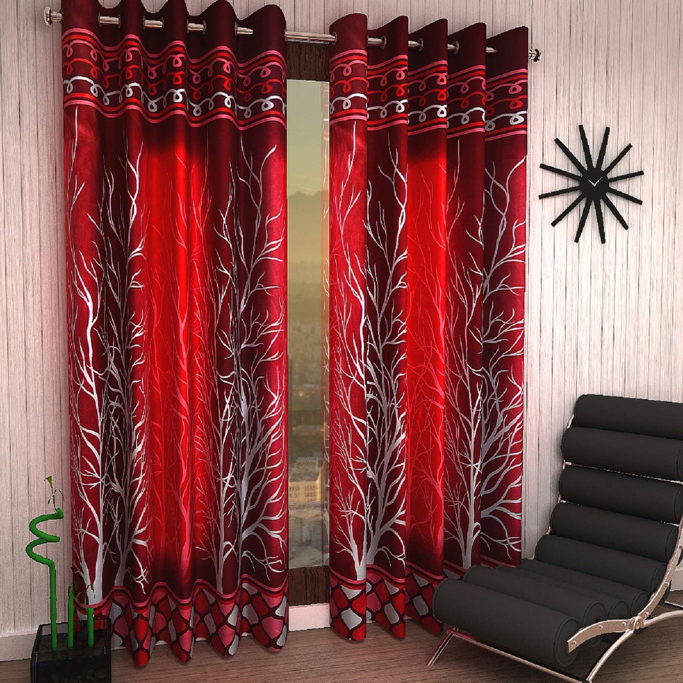 Red Polyester Tree Print Eyelet Ring Top Door Window Curtains, 5 & 7 FT x 2 Set