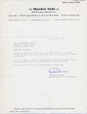 1959 NYU Track Star MIKE HERMAN Typed Letter Signed 1959 Mosler Safe ...