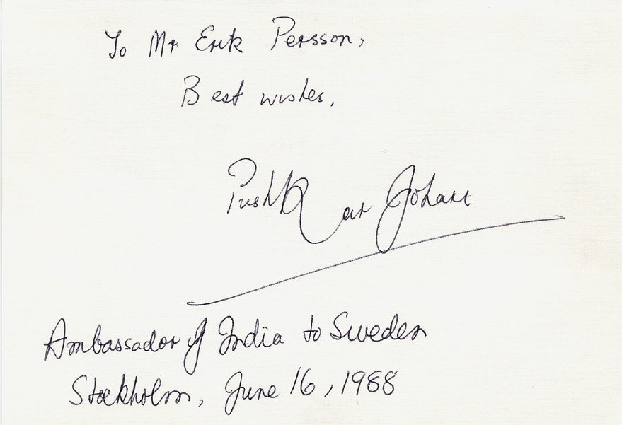 India - Diplomat Ambassador PUSHKAR JOHARI Autograph Note Signed 1988