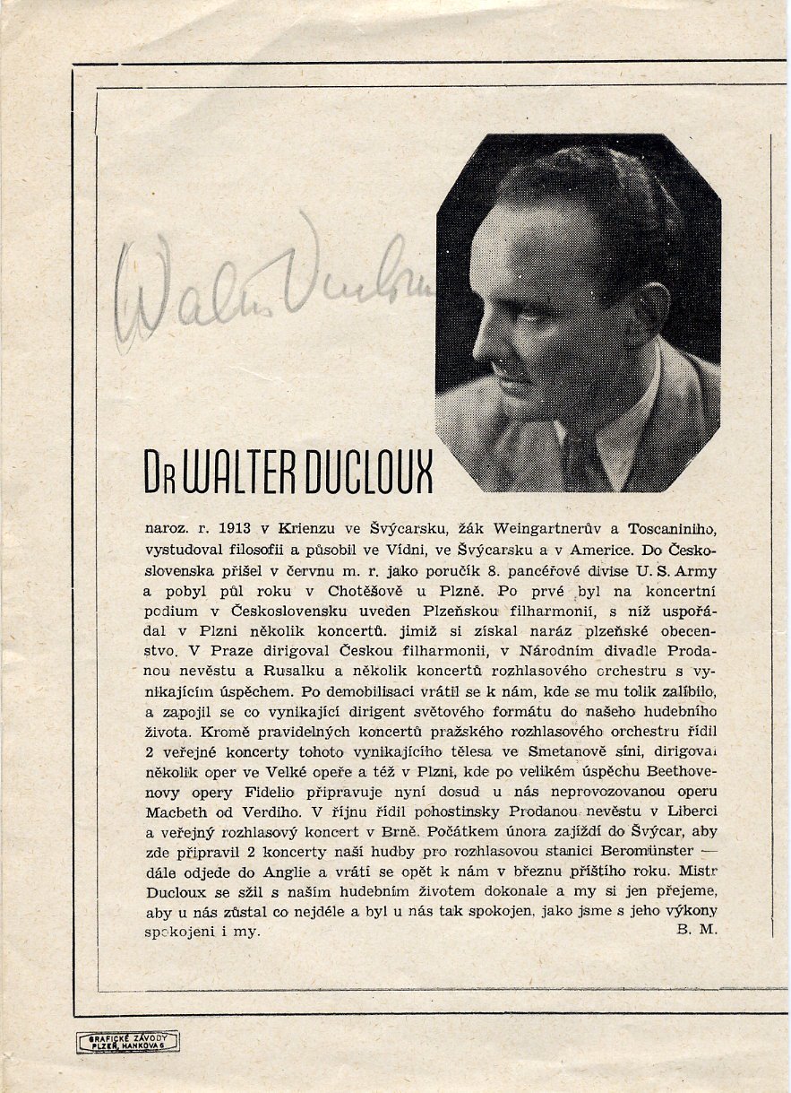 Noted Conductor WALTER DUCLOUX Autographed Concert Program 1946