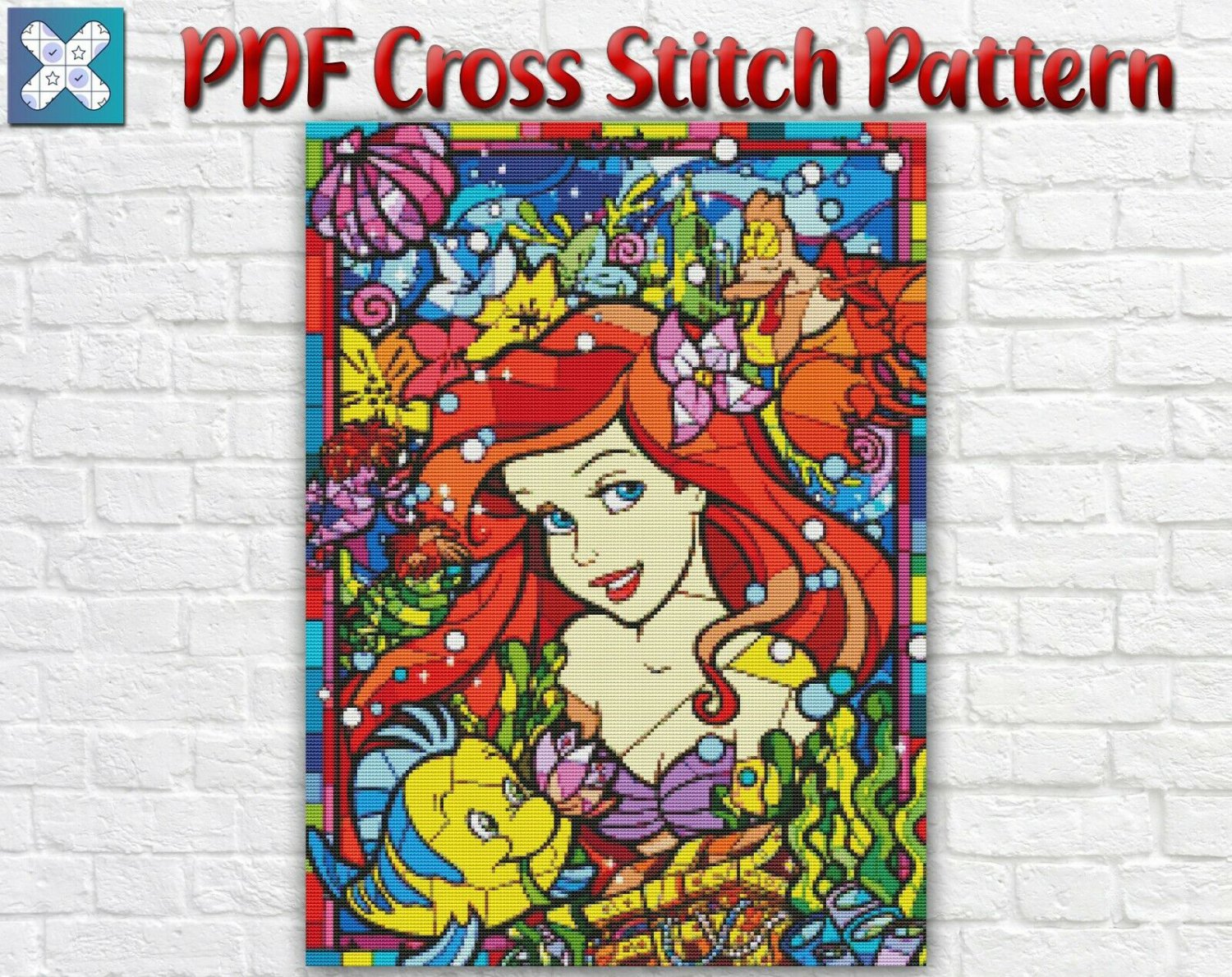 Disney Princess Ariel The Little Mermaid Stained Glass PDF Cross Stitch Pattern
