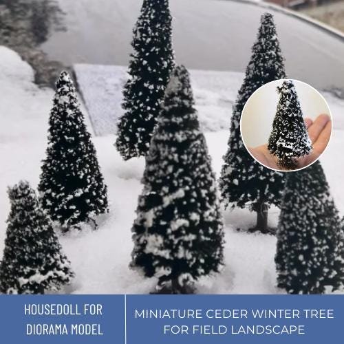 2 Pcs Miniature Ceder Winter Tree, Miniature Cedar Tree Snow-Covered for Diorama, Mini Christmas Tre