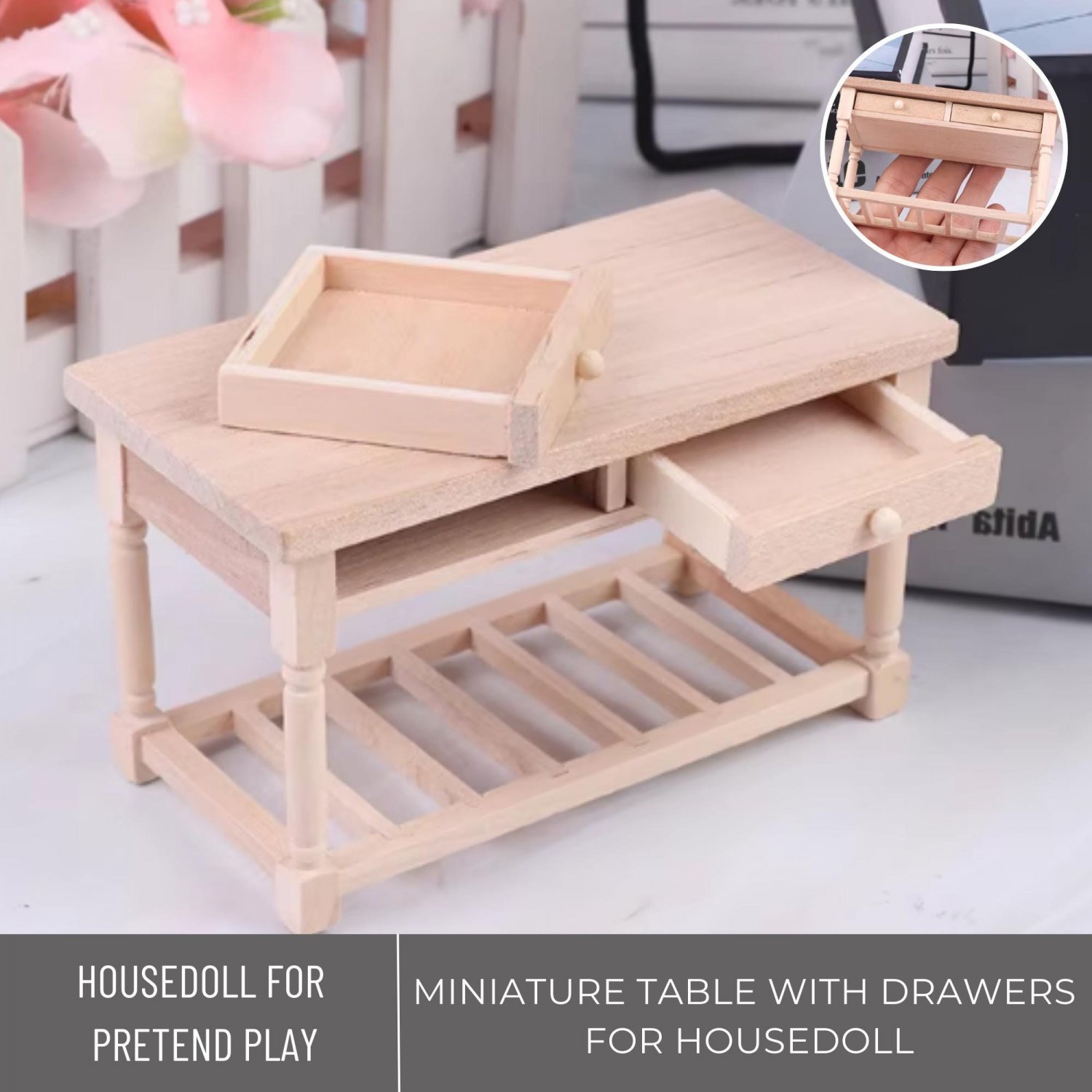 Miniature Table Wood With Drawers, Mini Table Furniture Accessories Dollhouse, Miniature Office Desk