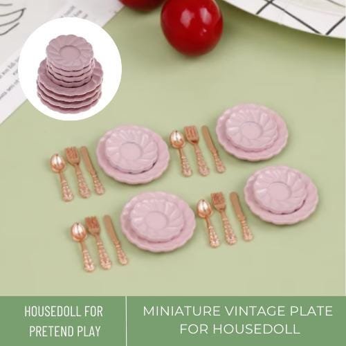 Miniature Vintage Plate, Pink Tableware, Knife Fork Spoon For Doll House Decor, Kitchen Toys Doll, M
