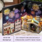 DIY Miniature City Model New Year Fireworks Bookshelf Kit, City Scene with Bridges and Boats, DIY Fe