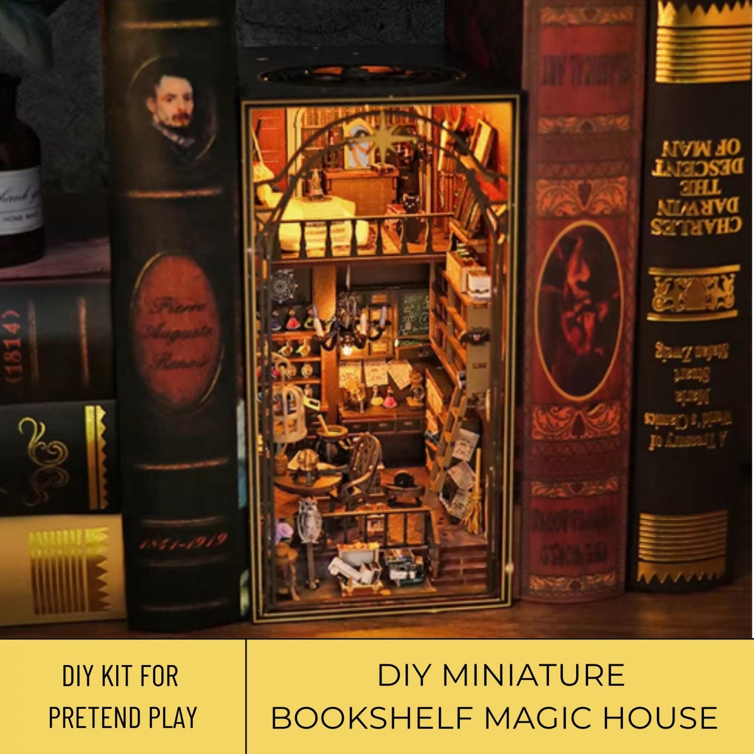 DIY Miniature Magic Bookshelf Kit, Miniature Magic Books Tools, Miniature Bookshelf with Music Box, 