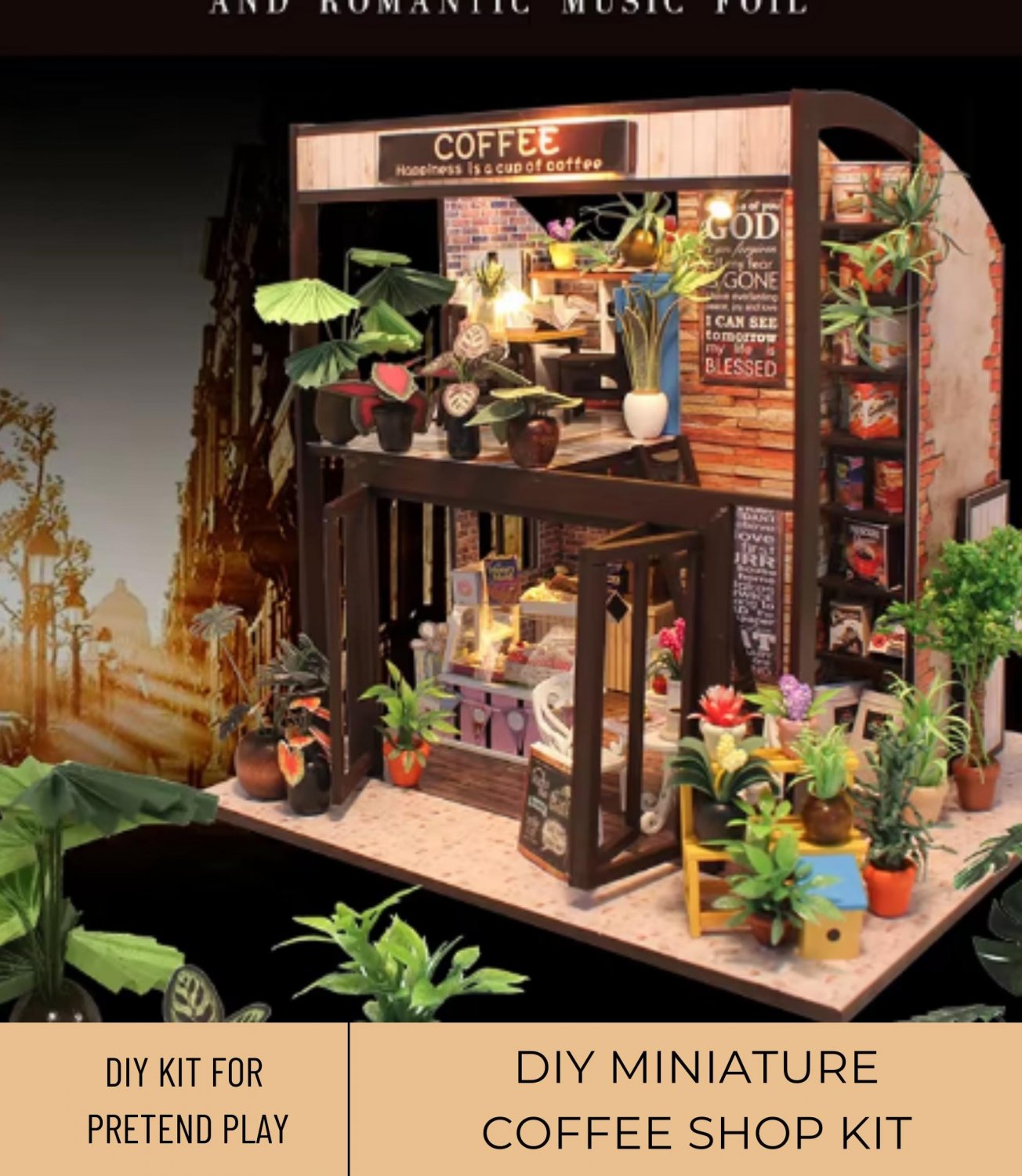 DIY Miniature Coffee Cafe Kit, Miniature Coffee Shop, Miniature Cozy Coffeehouse with Plants, Miniat