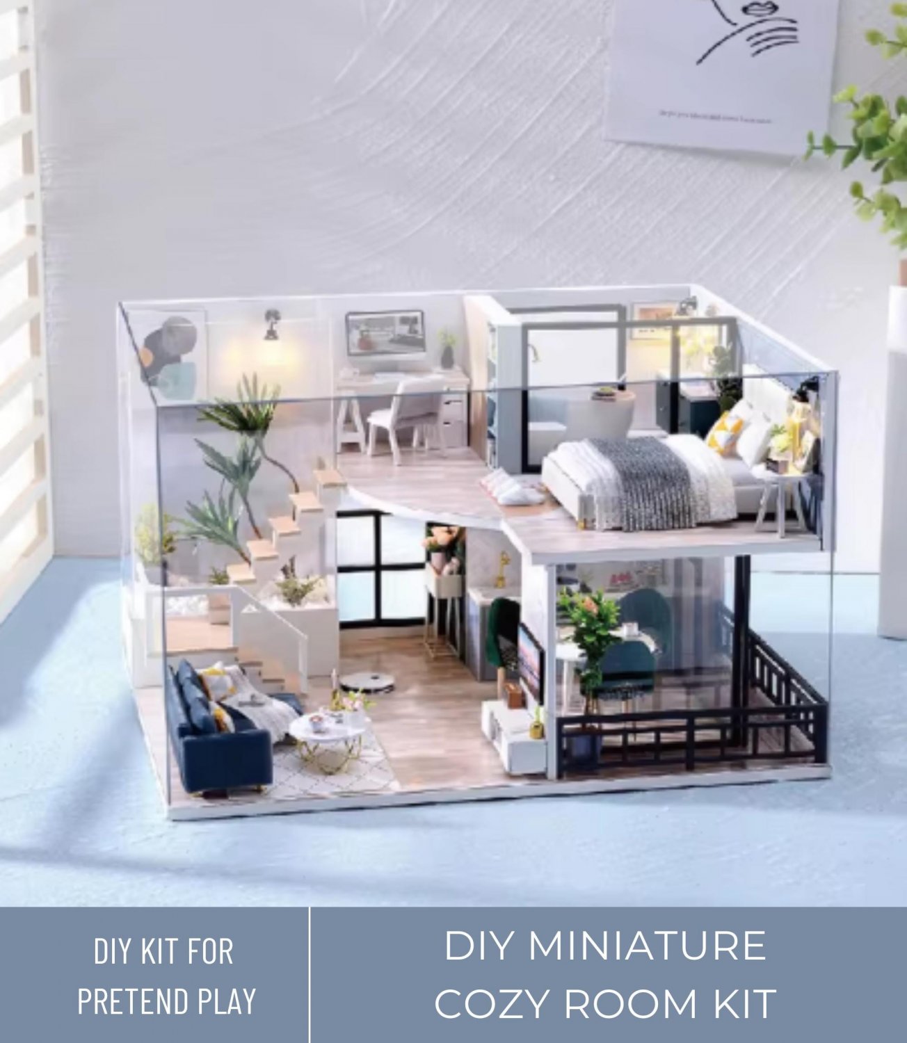DIY Miniature Elegant Gray House Kit, Tiny Bedroom, Living Room, and Kitchen Kit, Miniature Modern B
