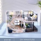 DIY Miniature Elegant Gray House Kit, Tiny Bedroom, Living Room, and Kitchen Kit, Miniature Modern B