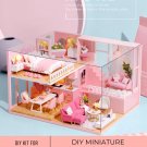 DIY Miniature Pink Dollhouse Kit, Tiny Home with Pink Decor and Dolls, Miniature Girly Pink House, M