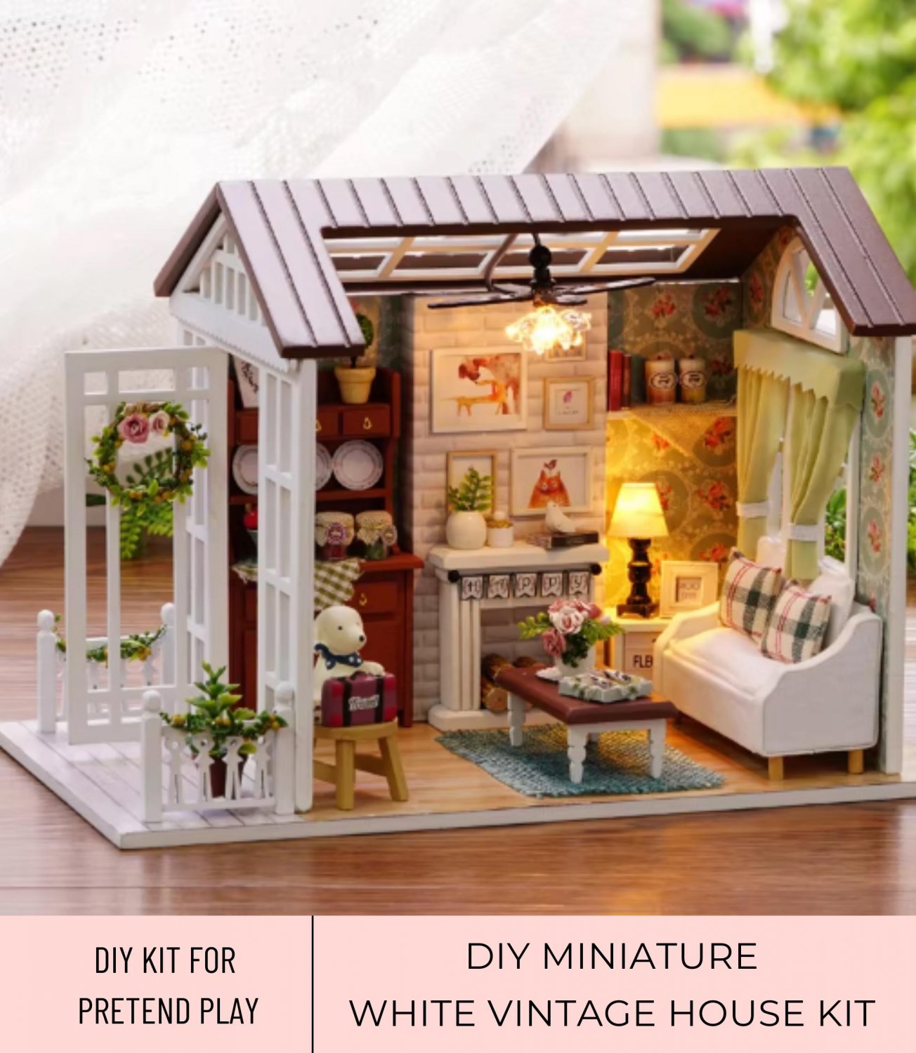 DIY Miniature White House Kit, Vintage Style Living Room Craft Set, Miniature White Cottage Flower W