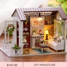 DIY Miniature White House Kit, Vintage Style Living Room Craft Set, Miniature White Cottage Flower W