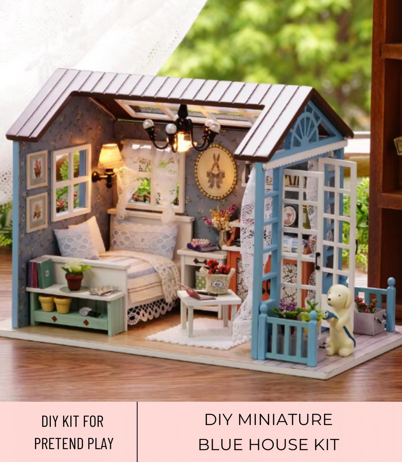 DIY Miniature Blue House Kit, Miniature Elegant Bedroom with Lace Details, Cozy Lace-Decorated Room,