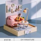 DIY Miniature Cozy Living Room Kit, Miniature Pink Sofa & Guitar Set, Miniature Stylish Living Room,