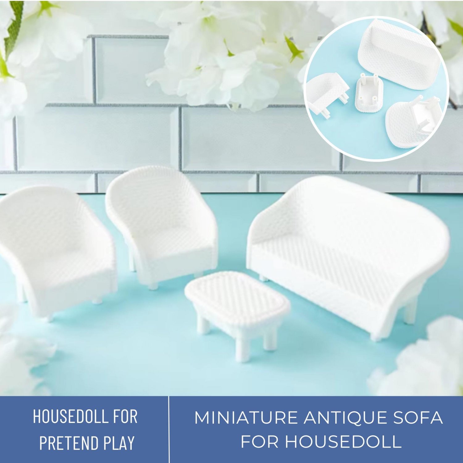 Set Miniature White Sofa, Mini Classic Chair for Living Room Doll House Furniture, Miniature White T