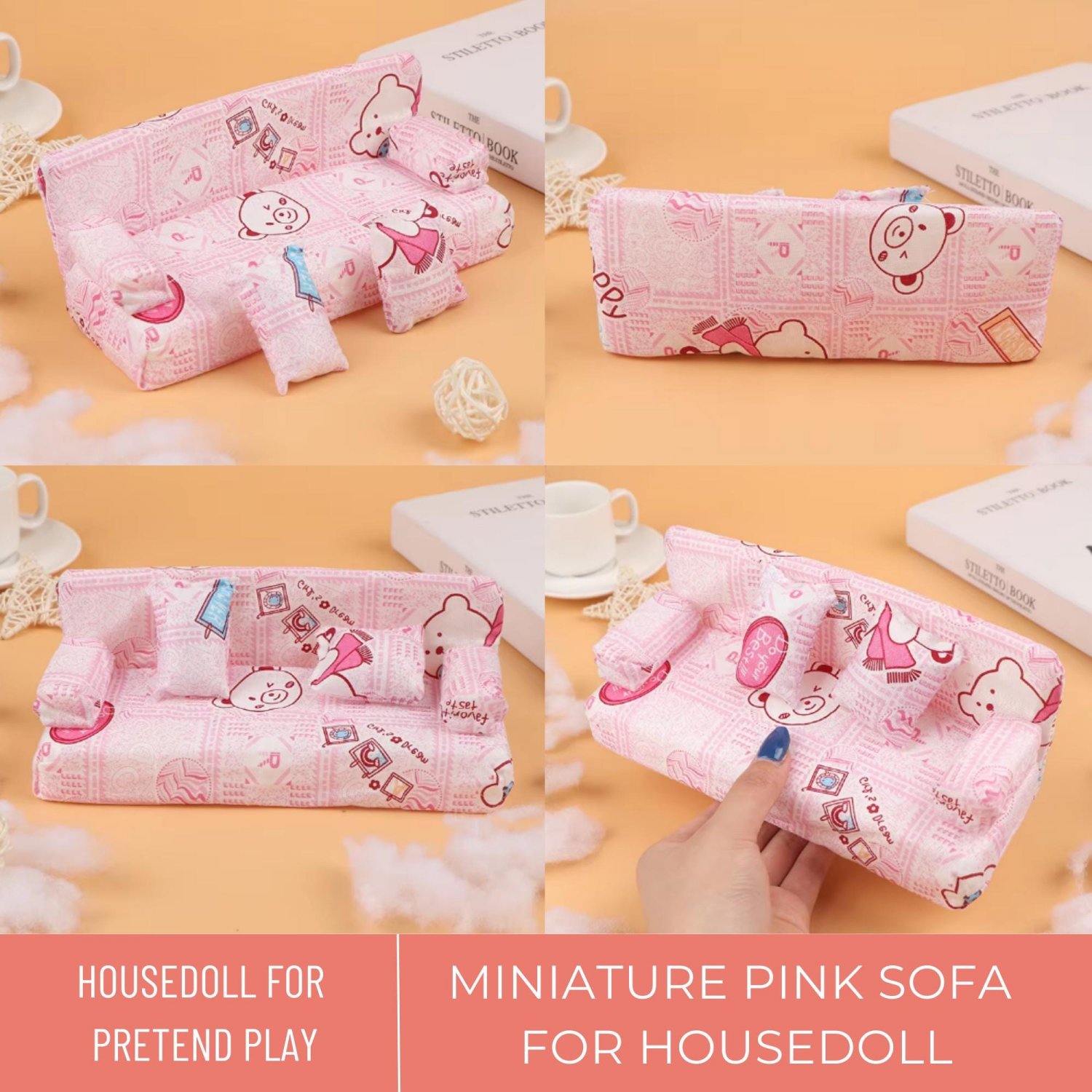 Set Miniature Pink Sofa, Mini Bear Sofa, Mini Living Room Chairs for Doll House Decor, Miniature Fur