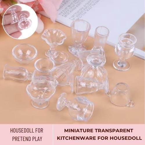 17Pcs/Set Miniature Transparent Kitchenware, Mini Transparent Cups and Plate, Miniature Tableware fo