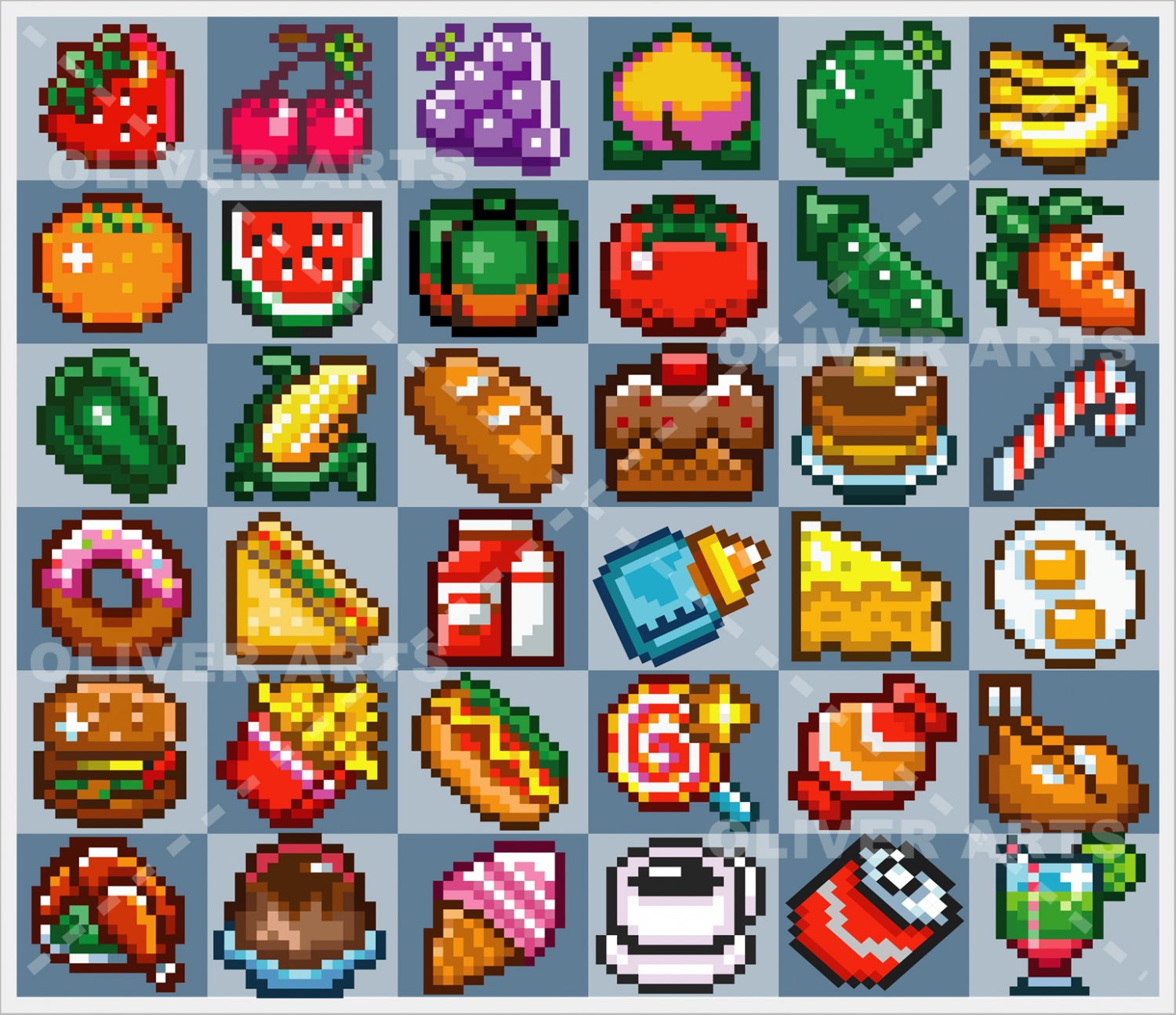 Pack of 36 vector pixel art icons of tasty foods and delights.