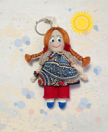 Bag charm tiny fabric doll. Handmadecrafted doll. Keychain rag doll. Moppet doll.