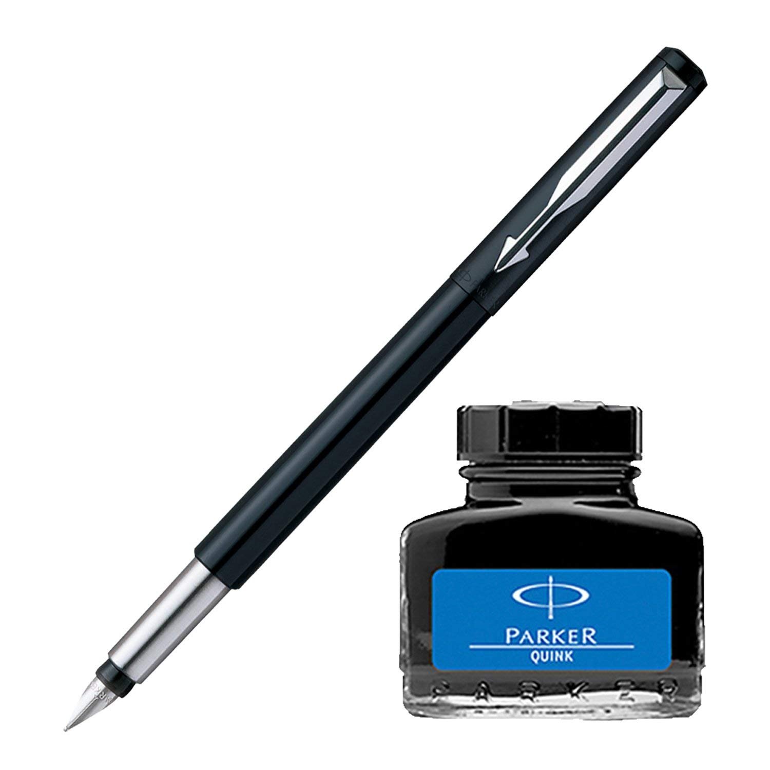 Parker Vector Standard CT Fountain Pen - Black + Quink Ink Bottle - Blue (30ML)