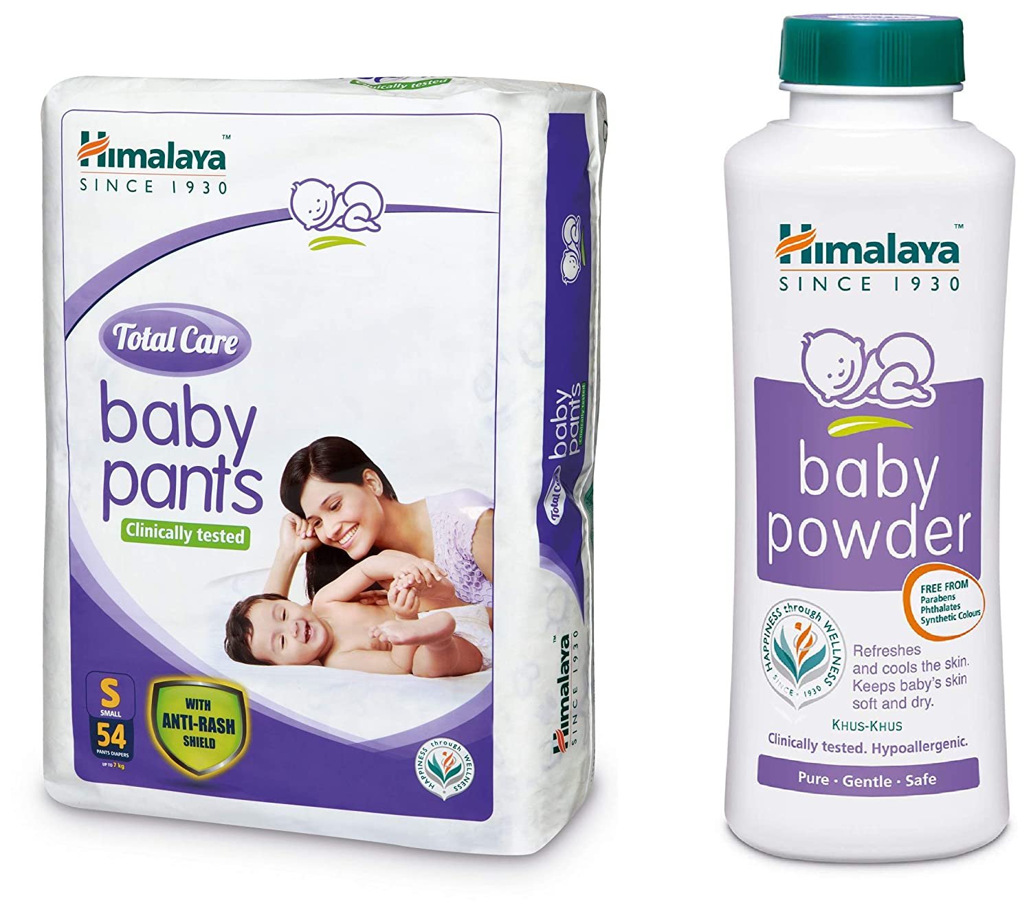 Himalaya Total Care Baby Pants Diapers, Small, 54 Count and Powder (400g) Combo
