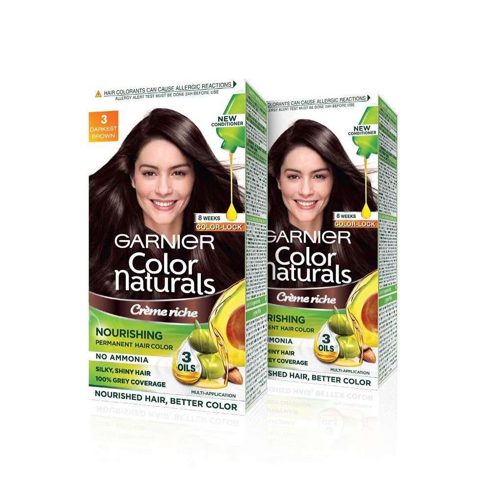Garnier Color Naturals Permanent Hair Color, Shade 3 - Darkest Brown, 70ml + 60g (Pack Of 2),