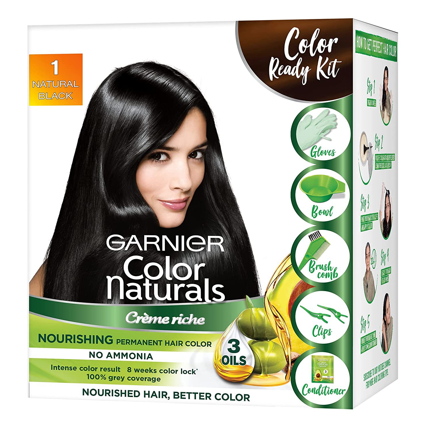 Garnier Color Naturals CrÃ¨me Hair Color, Shade 1 Natural Black, 70ml + 60g + Coloring Tools, 130 ml